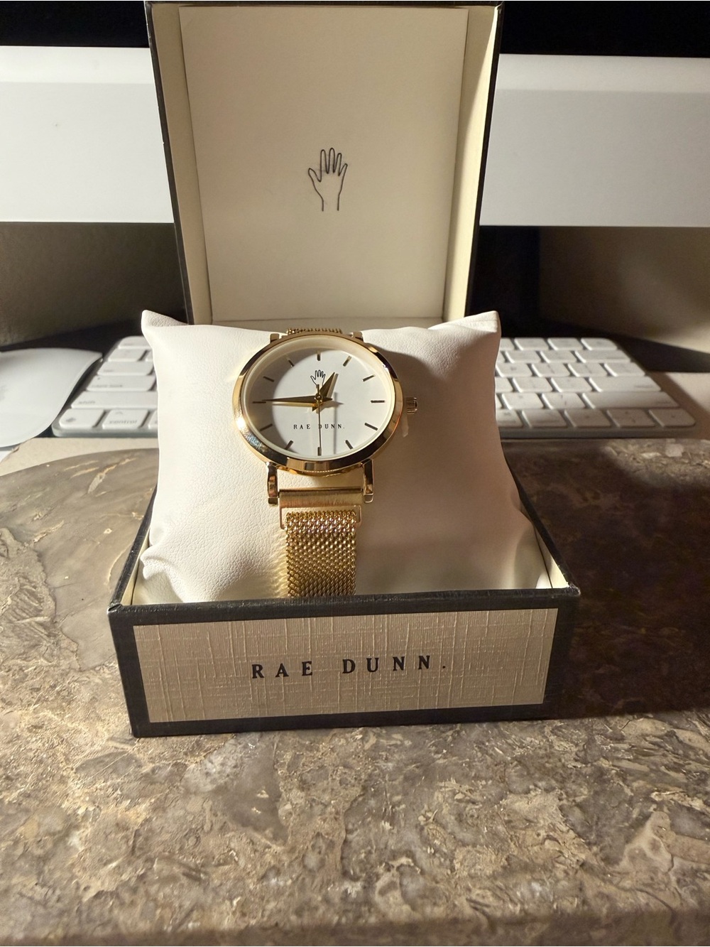Rae Dunn Gold Mesh Band Watch with White Dial